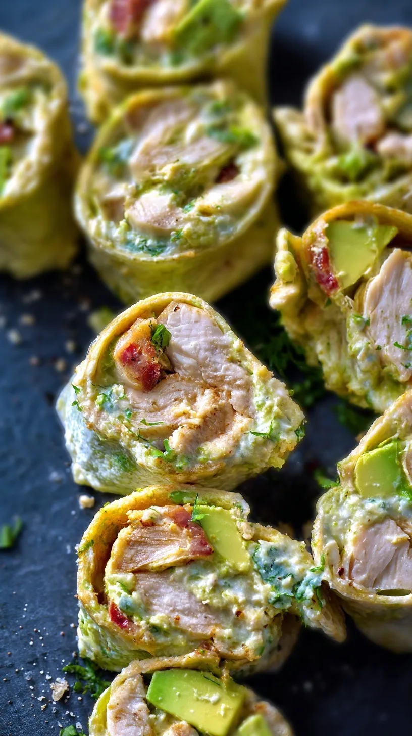 Close up of sliced chicken and avocado roll-ups on a white platter with fresh lime