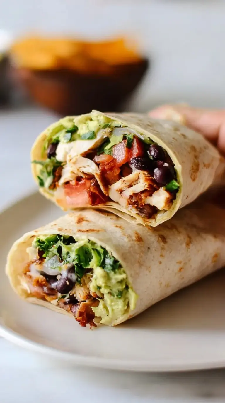 A close-up of a perfectly rolled Chicken, Bacon and Black Bean Wrap, sliced in half, showing the vibrant filling.