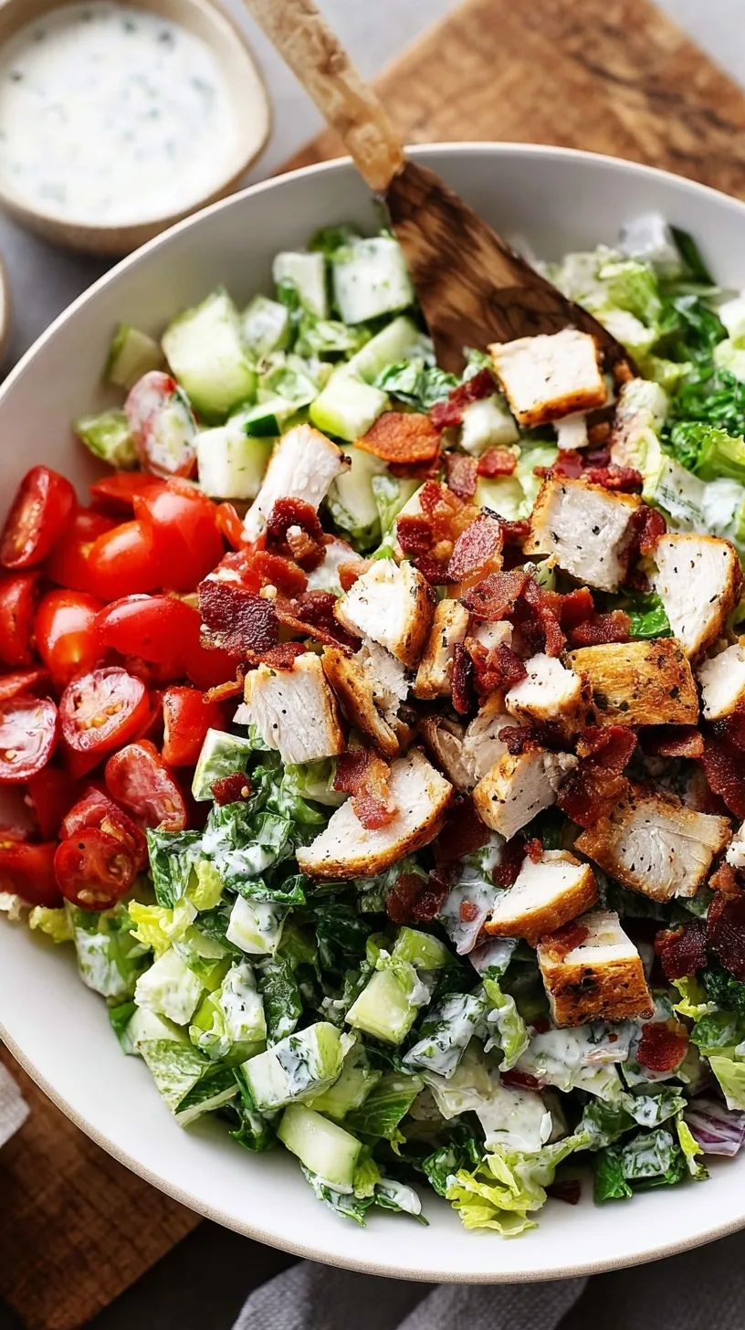 A vibrant Chicken Bacon Ranch Chopped Salad in a large bowl, with tender chicken, crispy bacon, and creamy ranch dressing.