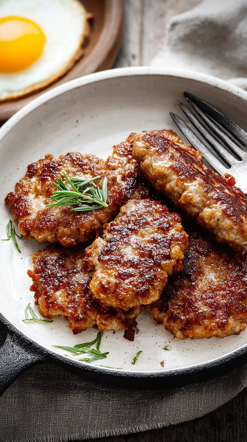 Golden brown chicken breakfast sausage patties cooking in a cast iron skillet with fresh herbs