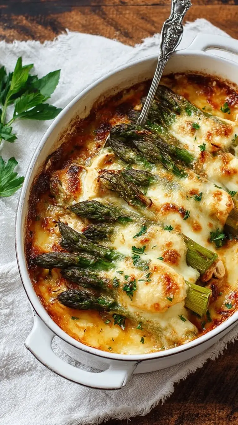 A golden, bubbly chicken asparagus casserole in a baking dish with melted mozzarella cheese.