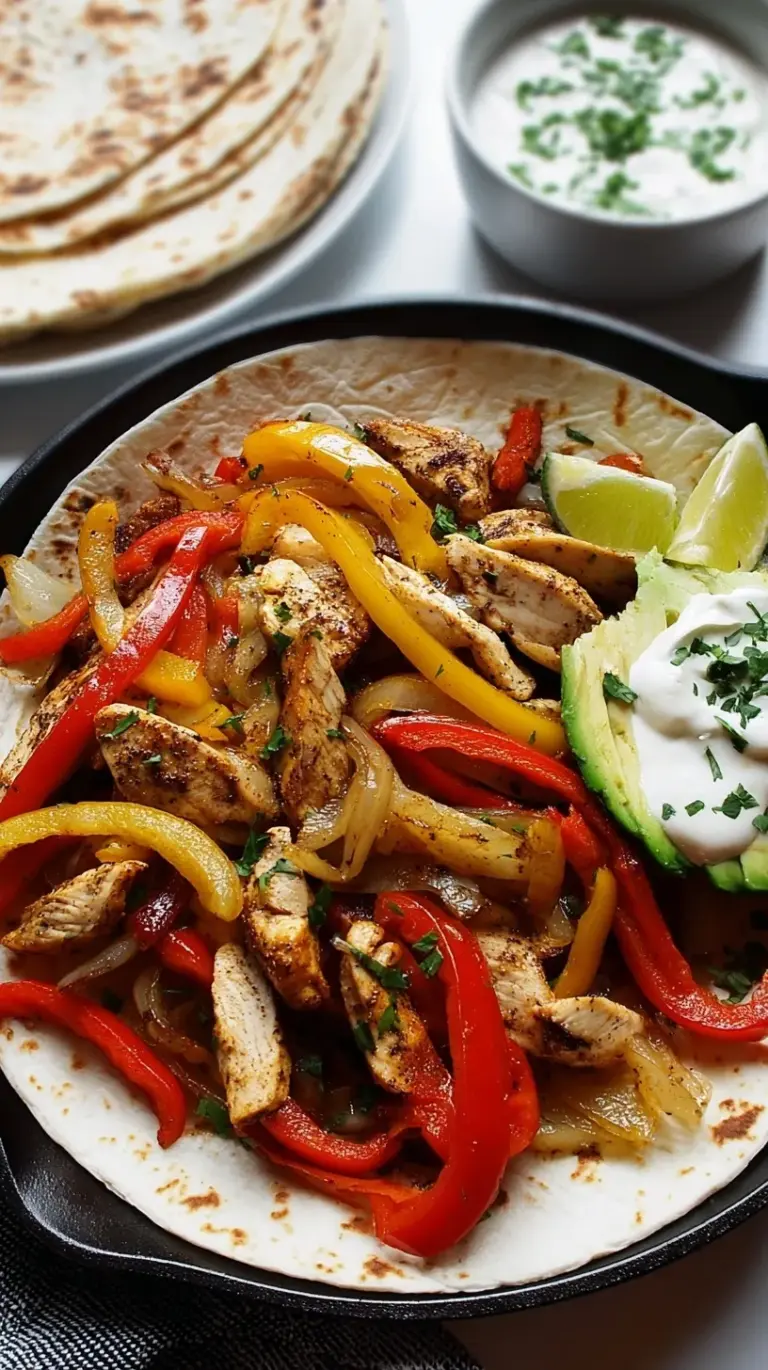 Sizzling chicken fajitas with colorful bell peppers and onions served on a cast iron skillet with tortillas and lime wedges.