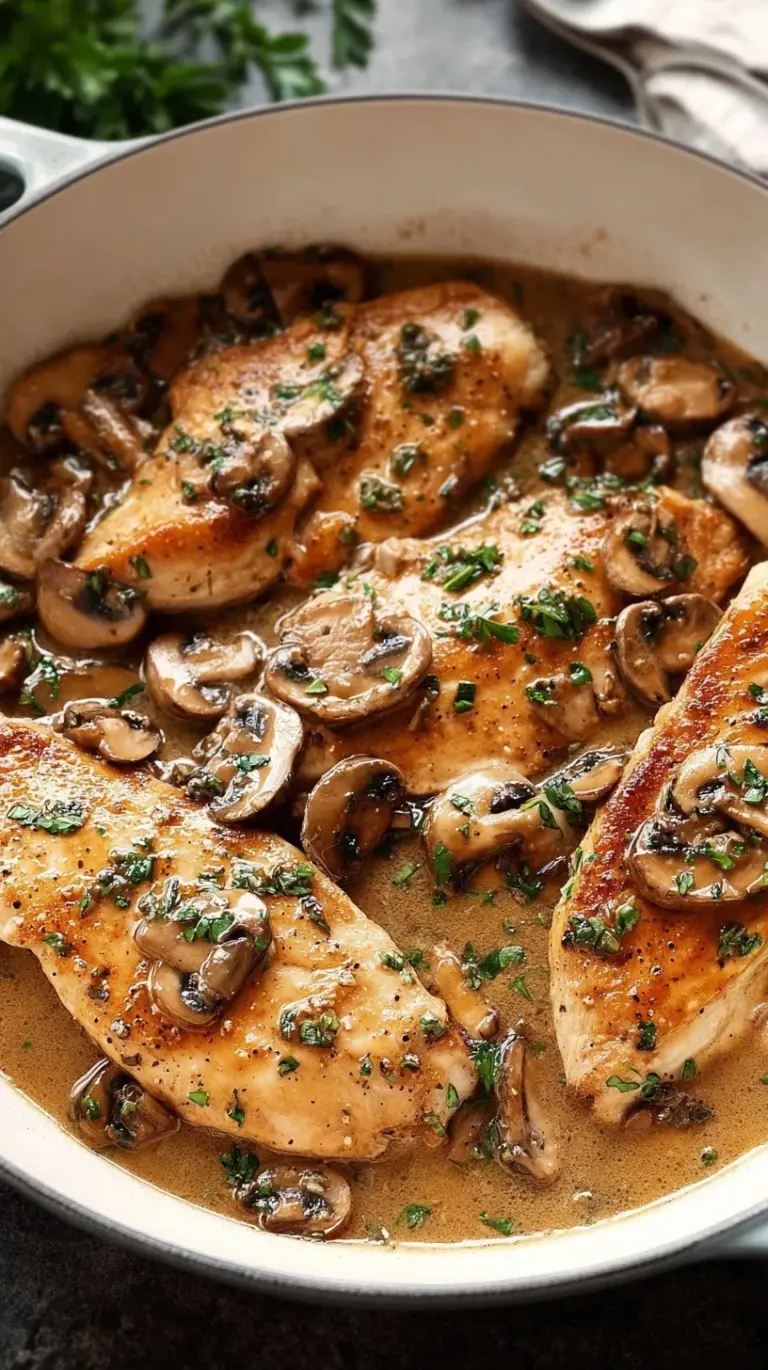 Golden pan-seared chicken breasts topped with sliced mushrooms in a glossy Marsala wine sauce.