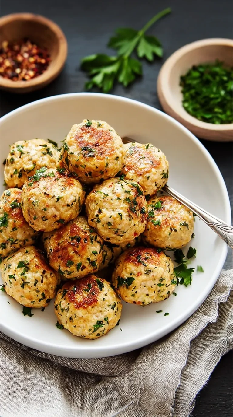 Golden chicken meatballs on a white plate garnished with fresh parsley and served with marinara sauce