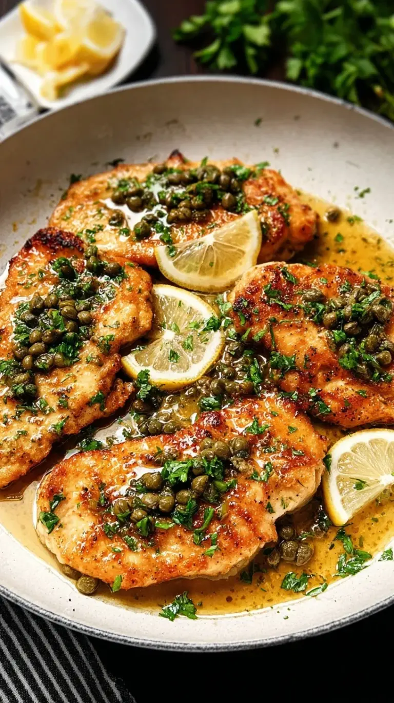 Golden pan-seared chicken piccata with a vibrant lemon-caper sauce, garnished with fresh parsley.