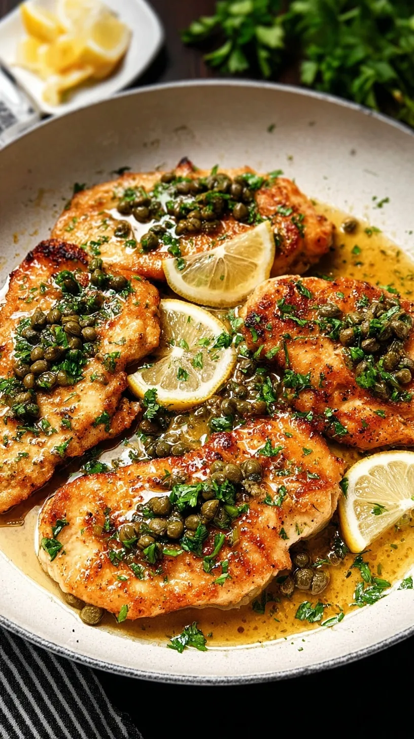 Golden pan-seared chicken piccata with a vibrant lemon-caper sauce, garnished with fresh parsley.