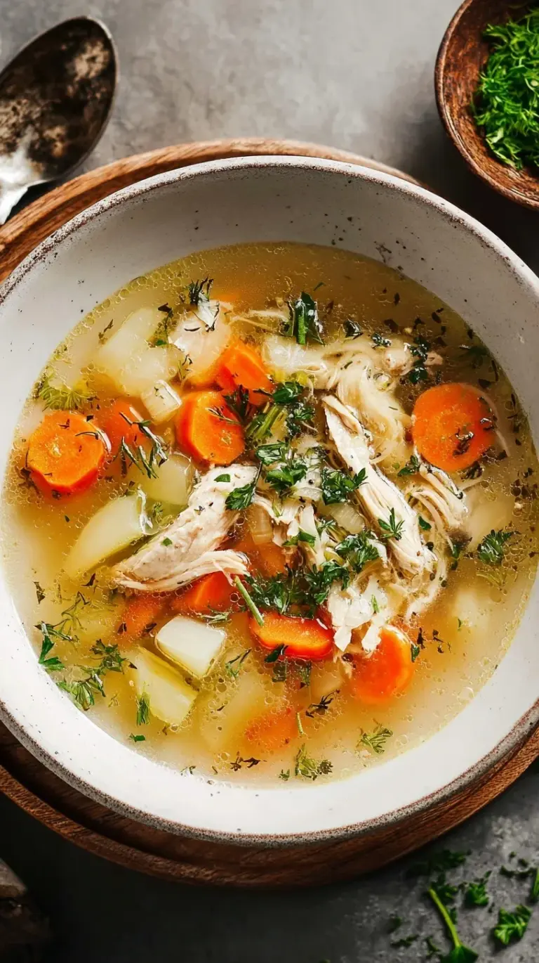 A steaming bowl of classic homemade chicken soup with tender chicken, carrots, celery, and noodles, garnished with fresh parsley.