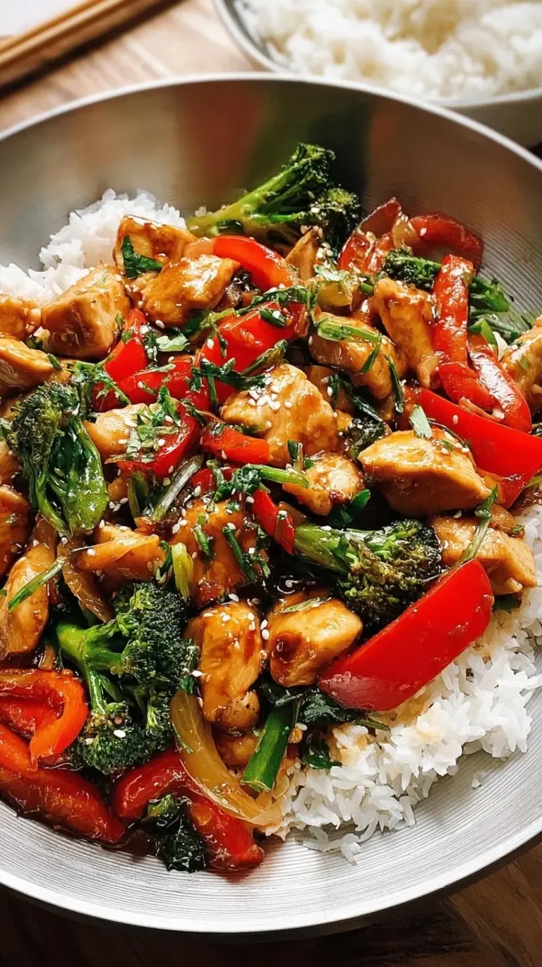 A vibrant bowl of homemade chicken stir fry with broccoli, carrots, and bell peppers, garnished with sesame seeds.