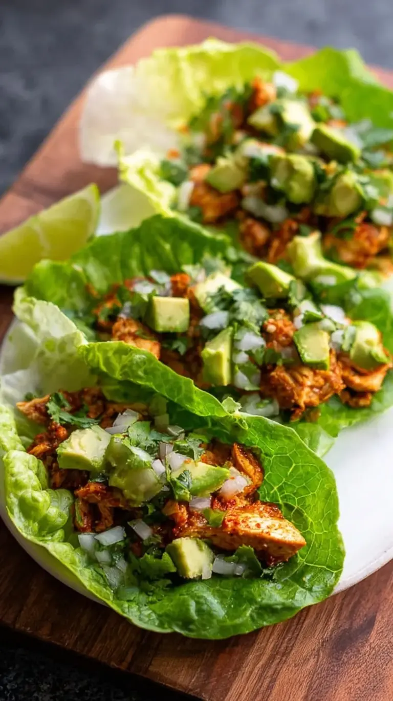 Chicken taco meat served in butter lettuce leaves with avocado and cilantro on a white platter.