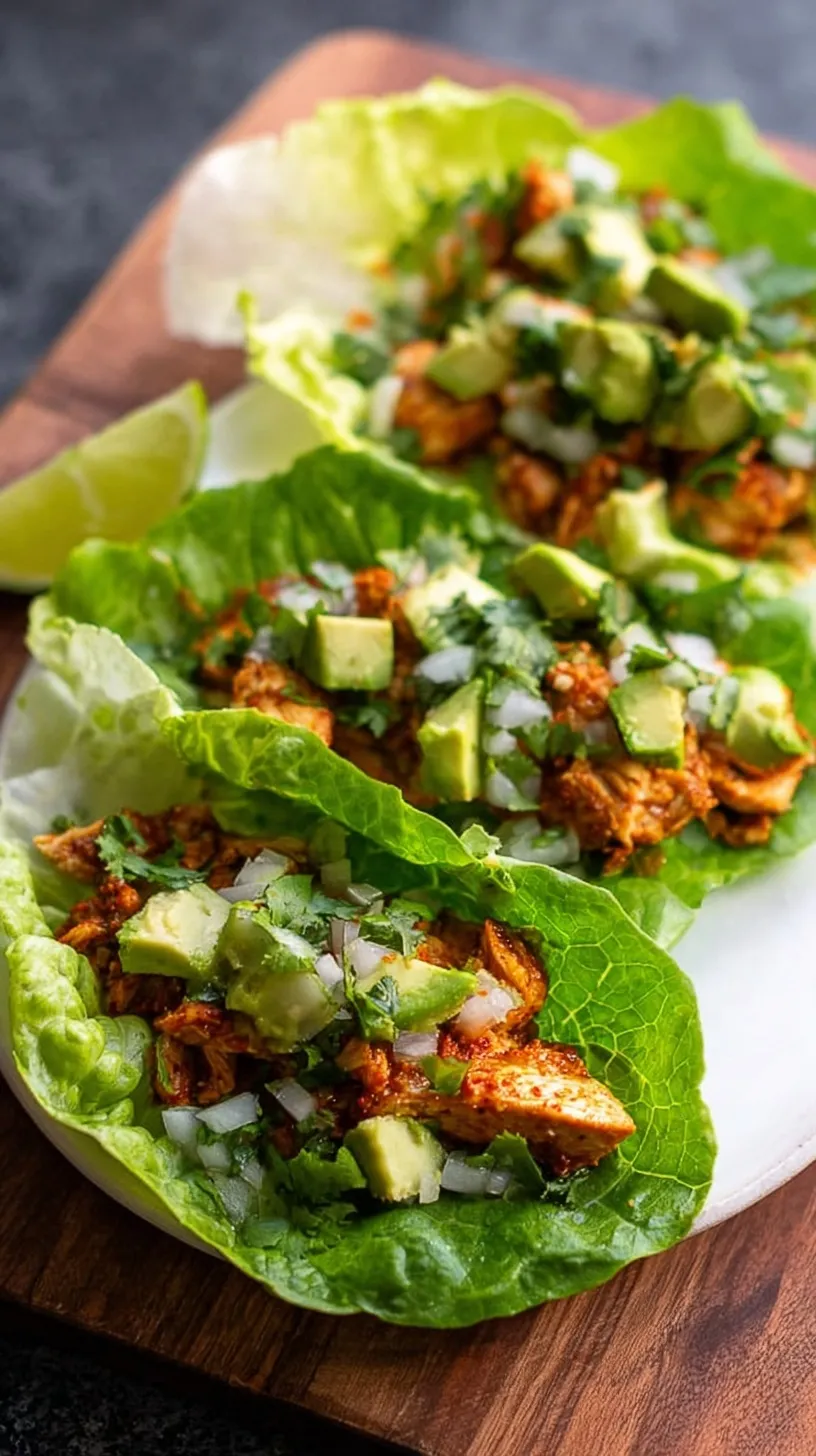 Chicken taco meat served in butter lettuce leaves with avocado and cilantro on a white platter.