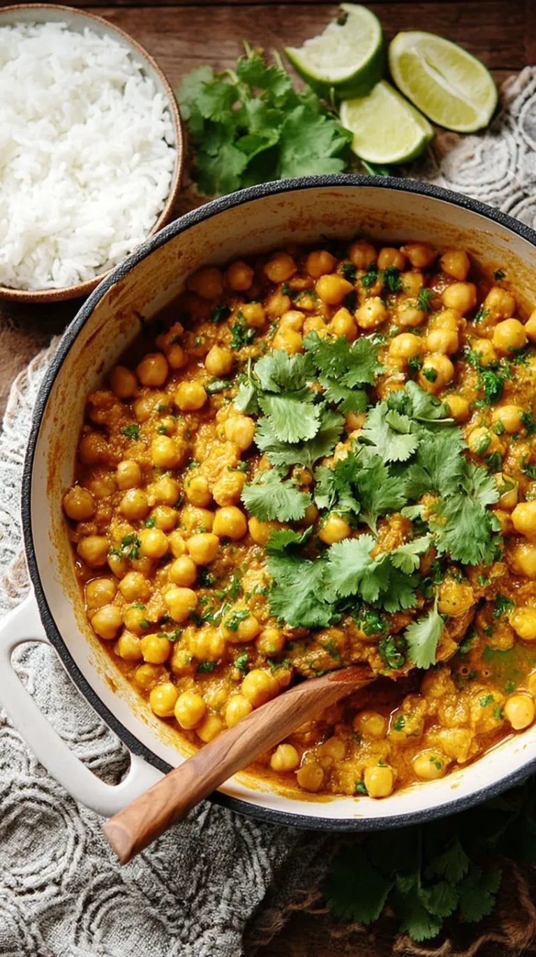 Creamy chickpea curry in a bowl garnished with fresh cilantro and served with rice