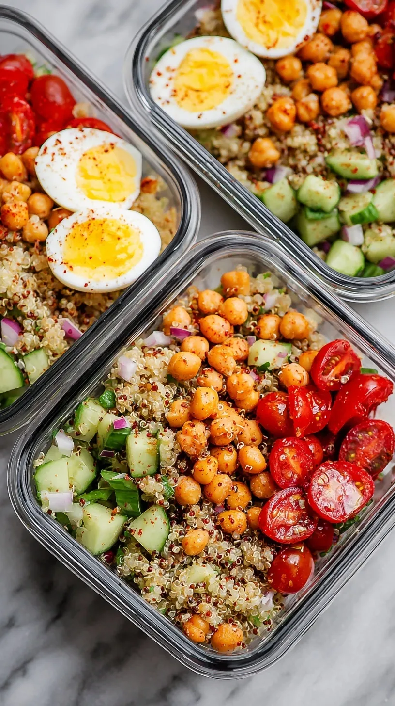 Four glass containers filled with colorful chickpea quinoa salad and lemon-tahini dressing