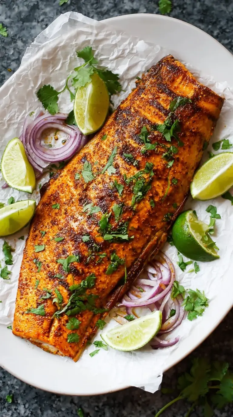 Two perfectly baked chili lime trout fillets garnished with fresh cilantro and lime wedges on a parchment-lined baking sheet.