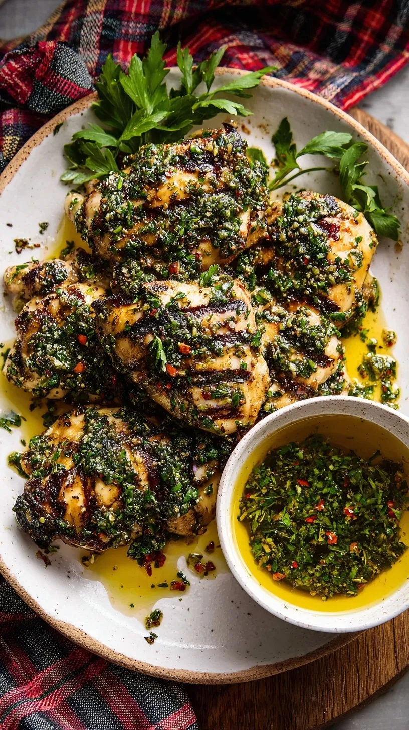 Skillet-seared chimichurri chicken breasts garnished with fresh parsley and red pepper flakes, served with a side of vibrant green chimichurri sauce.