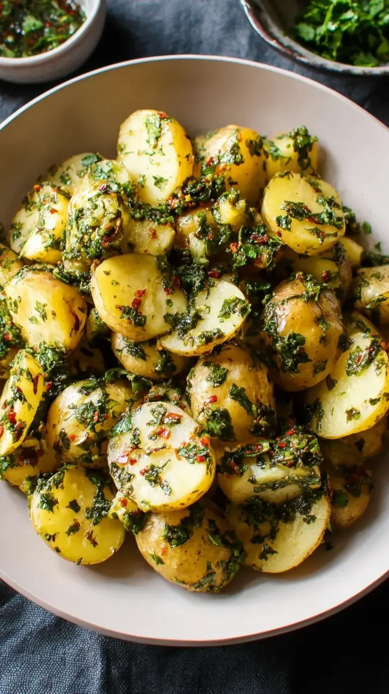 A large bowl of golden baby potatoes tossed in vibrant green chimichurri dressing with red onion.
