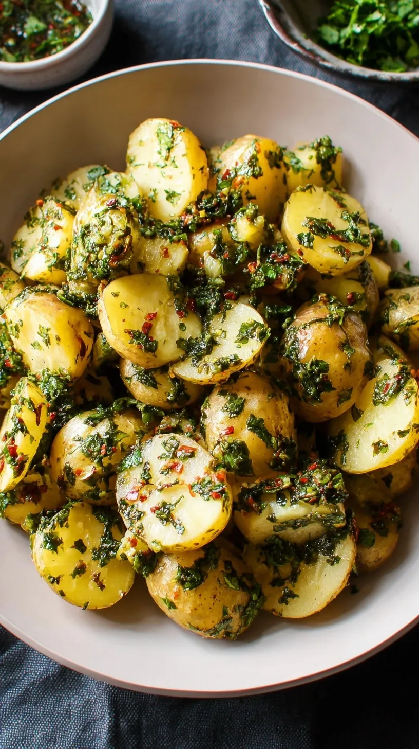 A large bowl of golden baby potatoes tossed in vibrant green chimichurri dressing with red onion.