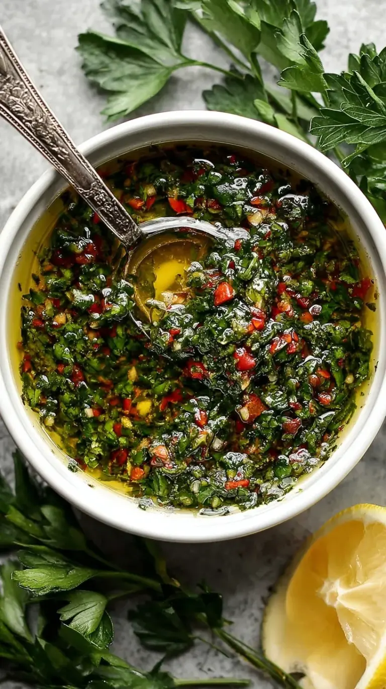 A vibrant bowl of fresh green chimichurri sauce with a spoon, ready to be served over grilled steak.
