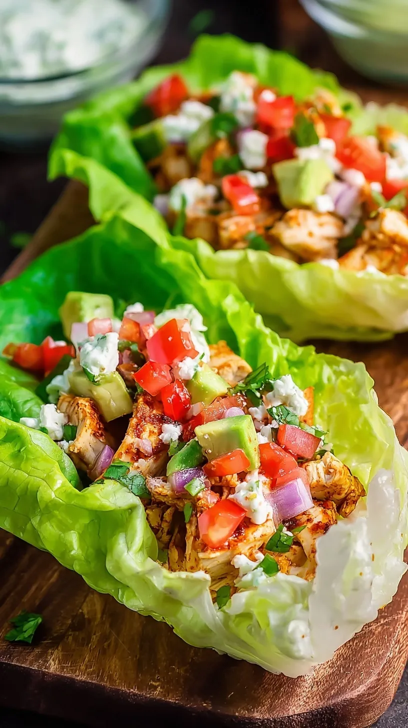 A platter of fresh Chipotle Chicken Lettuce Wraps topped with avocado and red onion.