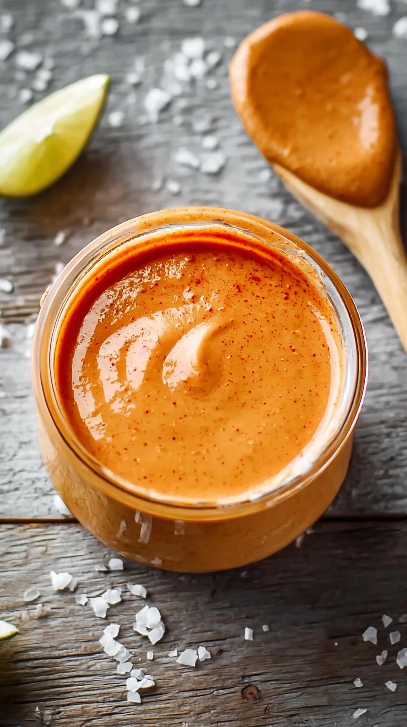 Creamy homemade chipotle sauce in a small white bowl with a spoon, garnished with fresh cilantro and a lime wedge.