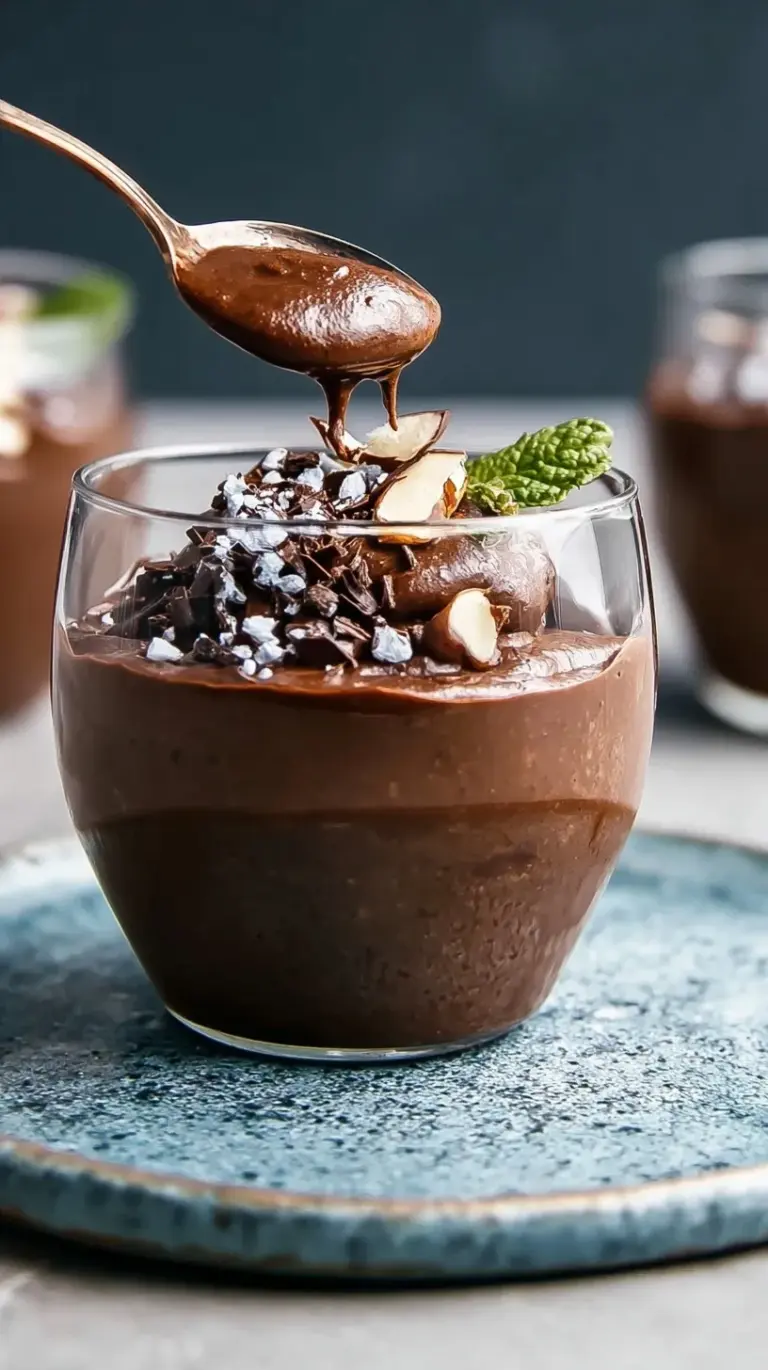A glass ramekin filled with silky smooth chocolate avocado pudding topped with a fresh raspberry.