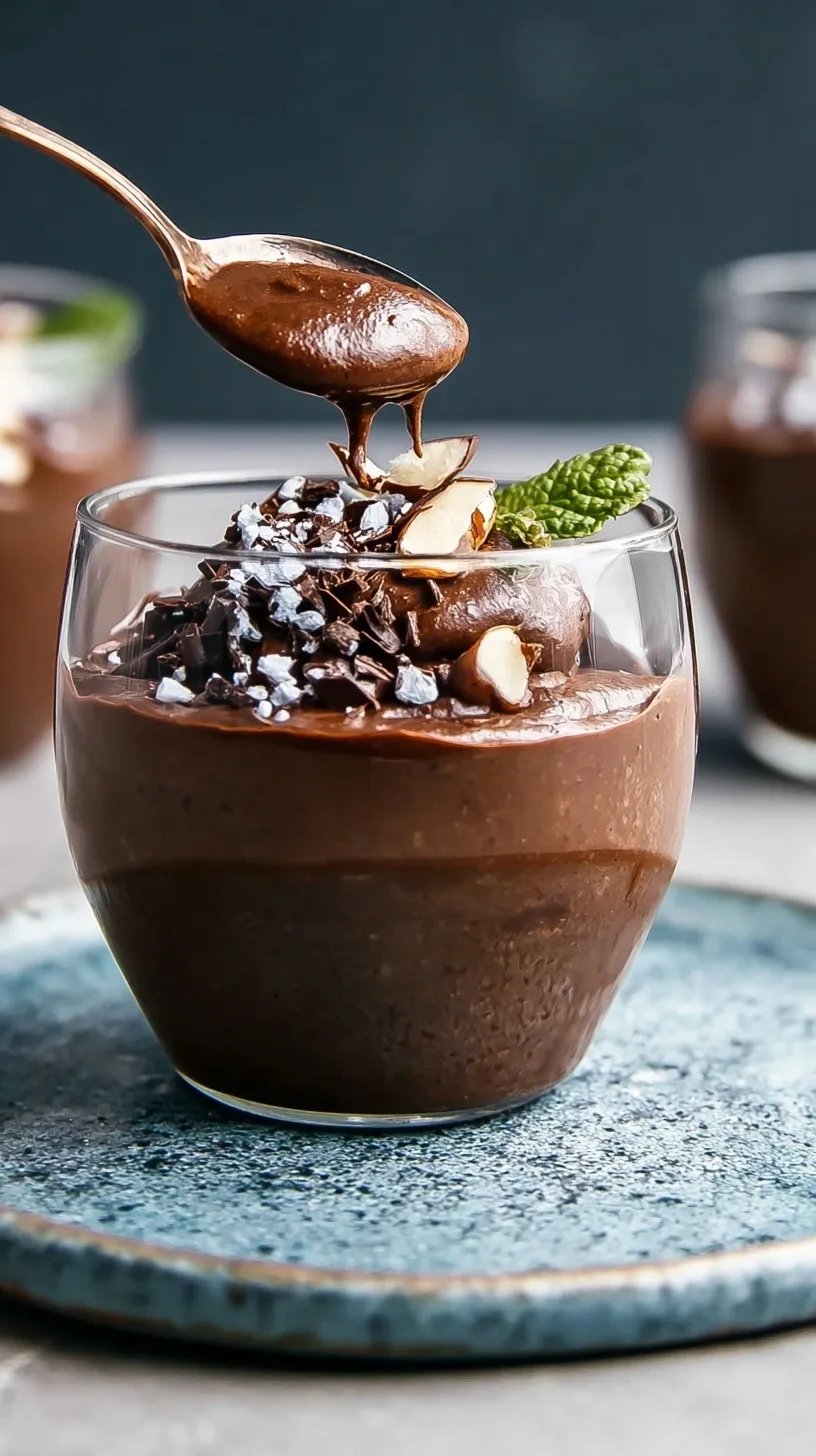 A glass ramekin filled with silky smooth chocolate avocado pudding topped with a fresh raspberry.