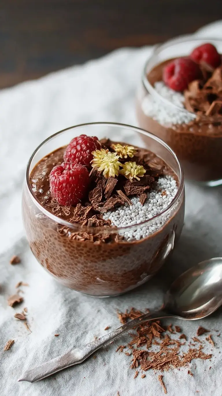 A glass jar filled with creamy chocolate chia pudding topped with fresh raspberries and a sprig of mint.