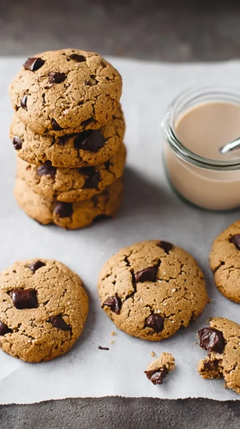 A stack of soft chocolate chip tahini cookies with melted dark chocolate and flaky sea salt on top.