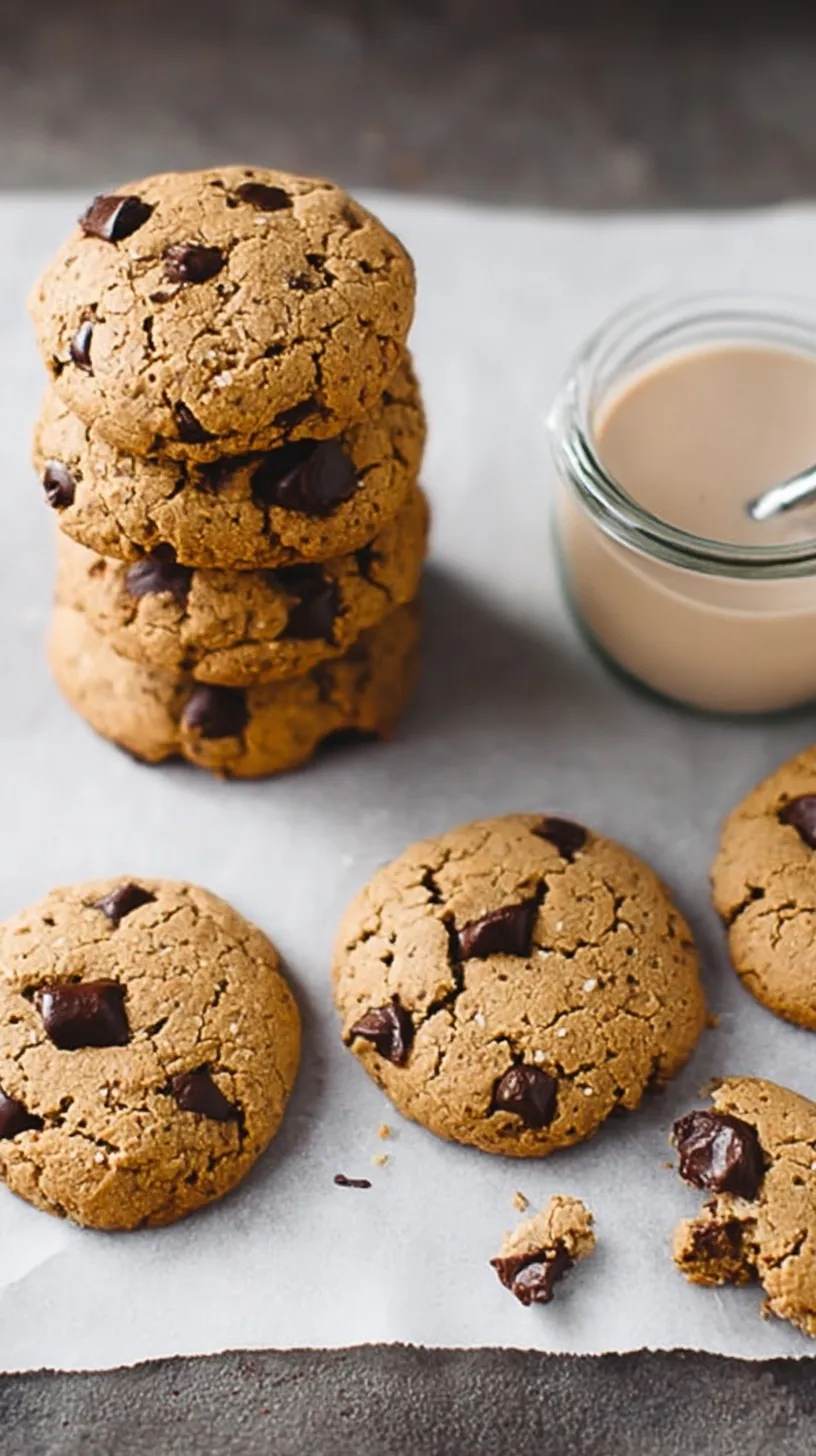 A stack of soft chocolate chip tahini cookies with melted dark chocolate and flaky sea salt on top.