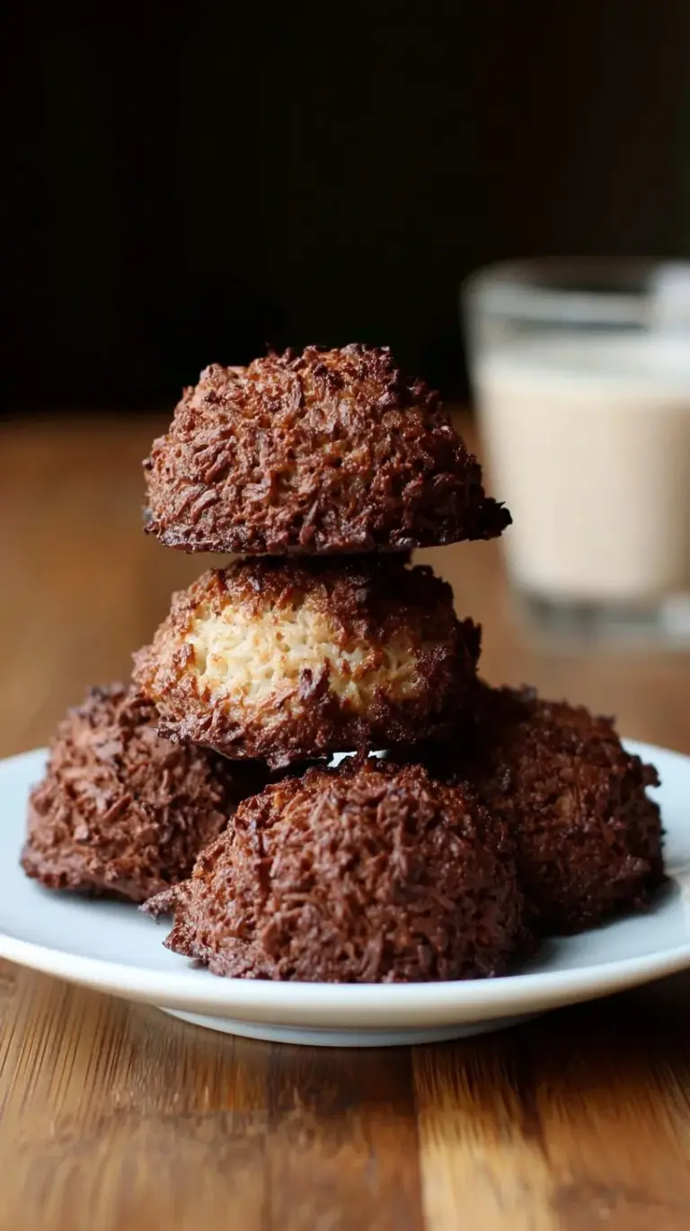 A tray of dark chocolate-dipped coconut macaroons on parchment paper.