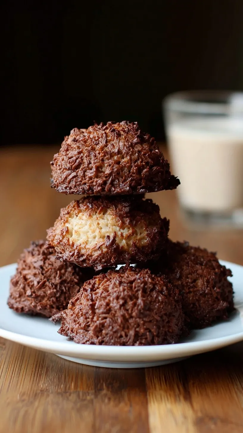 A tray of dark chocolate-dipped coconut macaroons on parchment paper.