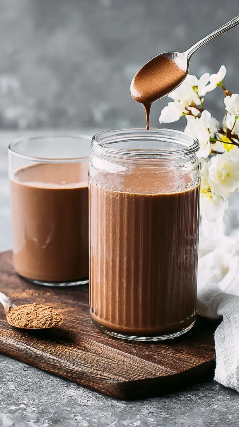 Chocolate collagen smoothie in a glass topped with cacao nibs and banana slices on a marble countertop