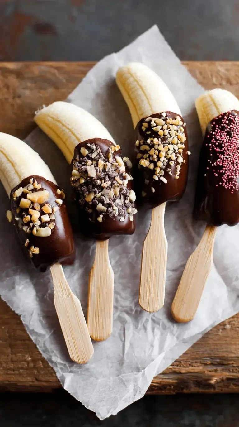 A close-up of several homemade chocolate covered bananas on sticks, drizzled with white chocolate and sprinkled with nuts.