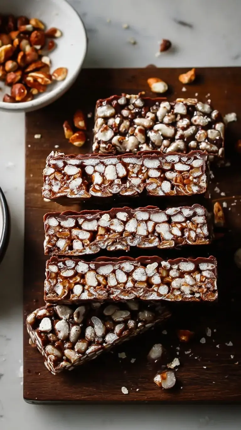 Homemade chocolate crunch bars cut into rectangles on a white plate.