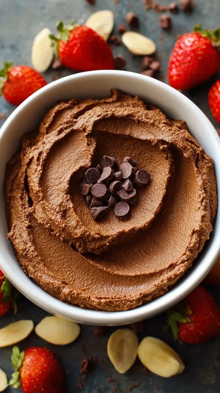 A bowl of creamy chocolate hummus topped with a sprinkle of sea salt and served with fresh strawberries.