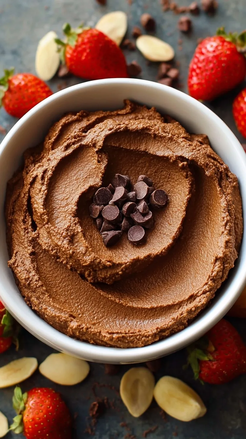 A bowl of creamy chocolate hummus topped with a sprinkle of sea salt and served with fresh strawberries.