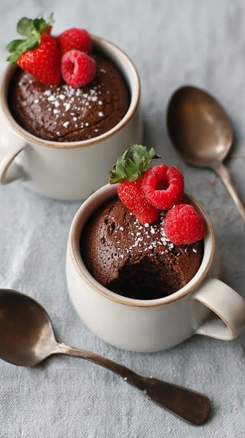 A moist paleo chocolate mug cake in a white ceramic mug with a spoon