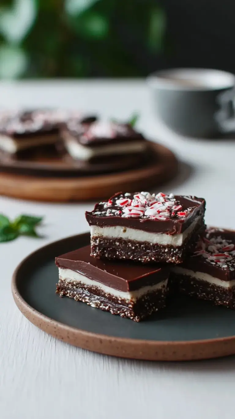 Three-layered chocolate peppermint slice squares on a platter