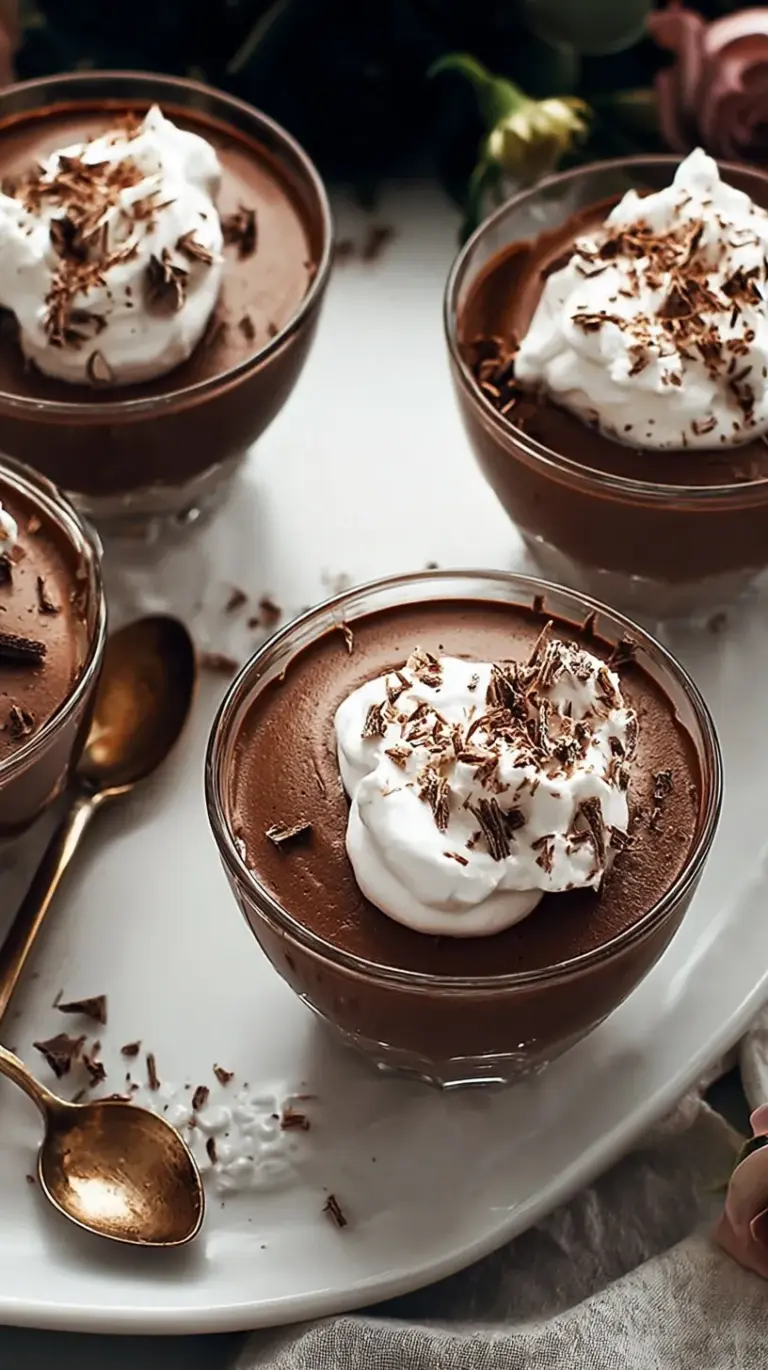 Close-up of two small ramekins filled with dark, glossy Chocolate Pots de Crème, garnished with fresh raspberries.