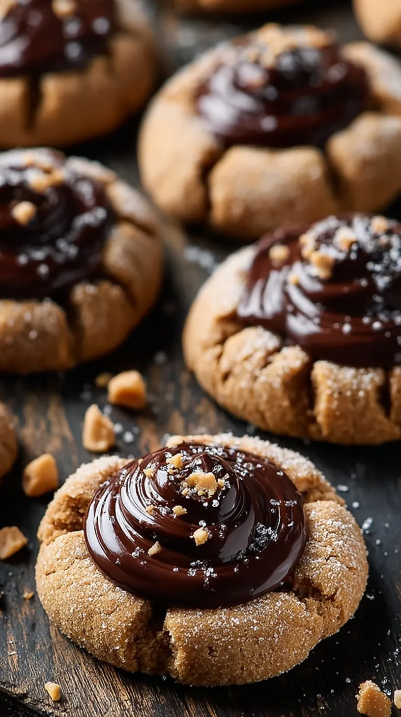 A tray of golden peanut butter cookies with rich chocolate ganache centers