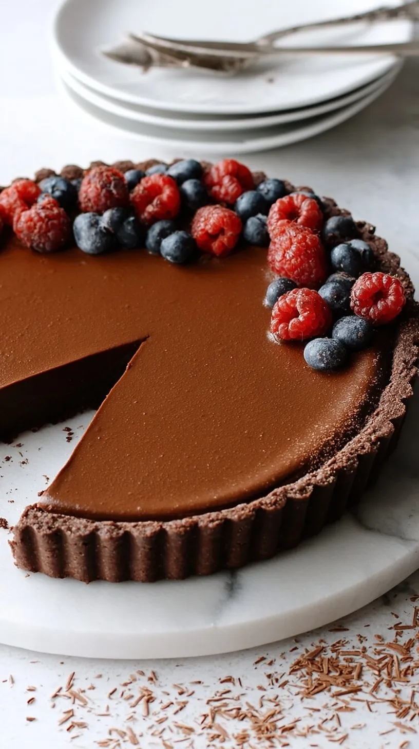 A rich dark chocolate truffle tart with a grain-free crust on a wooden serving board.