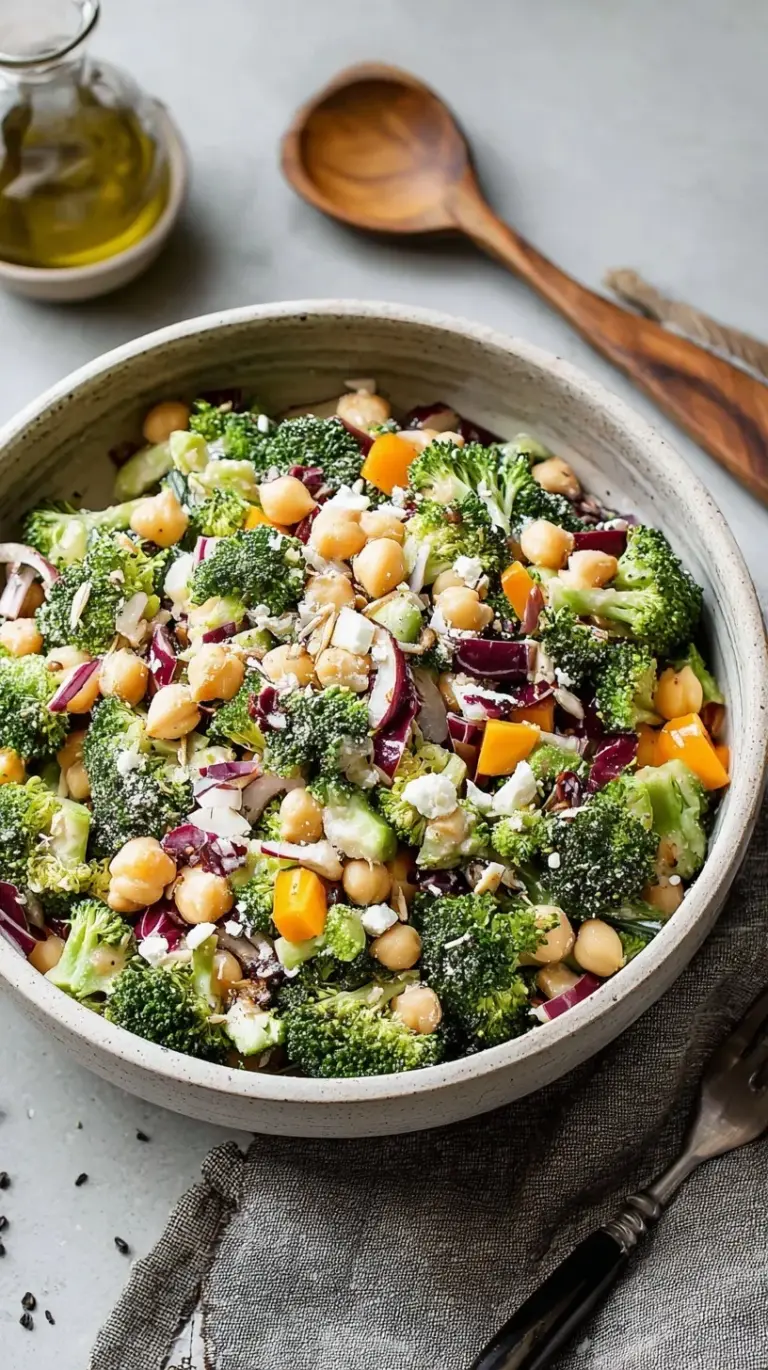A close-up of a vibrant Chopped Broccoli and Chickpea Salad in a large bowl, garnished with fresh herbs.