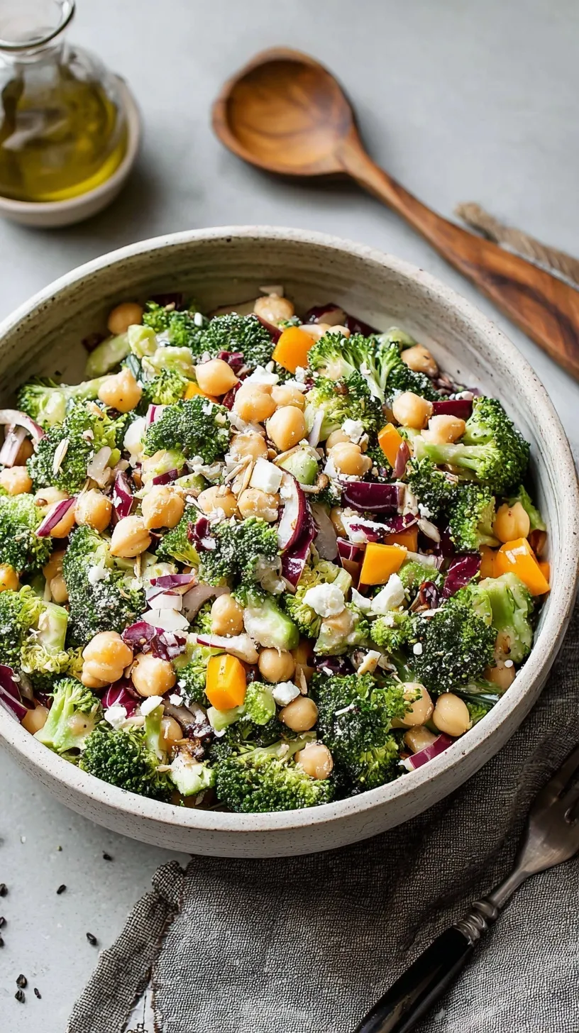 A close-up of a vibrant Chopped Broccoli and Chickpea Salad in a large bowl, garnished with fresh herbs.