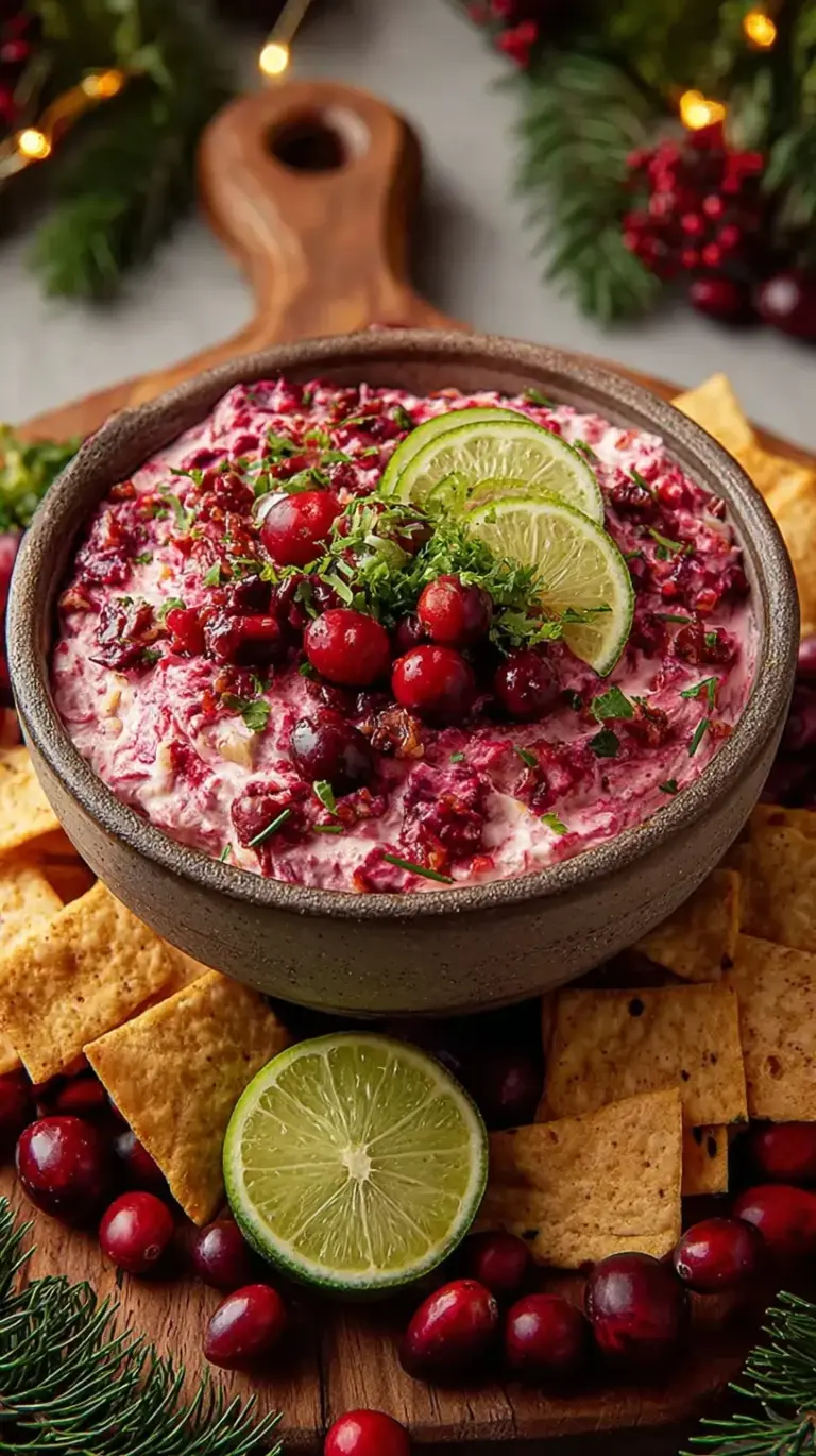 Festive red cranberry salsa layered over white cream cheese on a platter with crackers