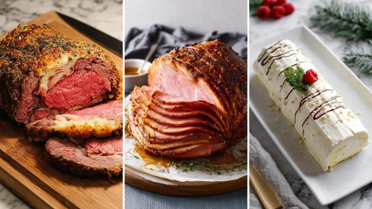 Christmas dinner ideas: garlic herb prime rib, honey baked ham and a vanilla ice cream yule log