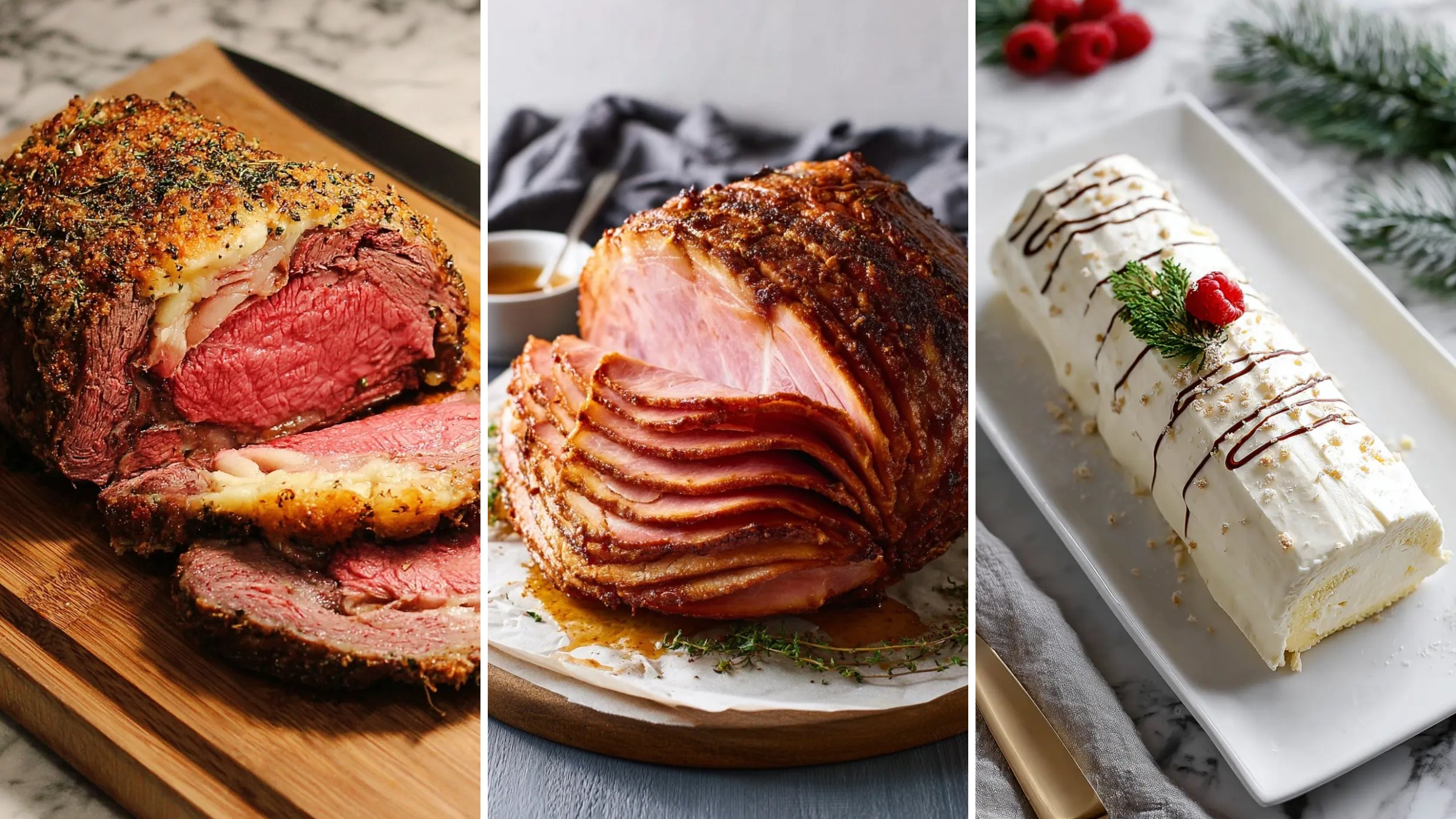 Christmas dinner ideas: garlic herb prime rib, honey baked ham and a vanilla ice cream yule log