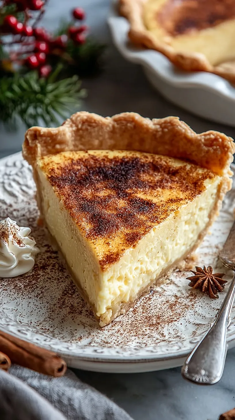 A slice of golden custard pie dusted with nutmeg on a festive plate.