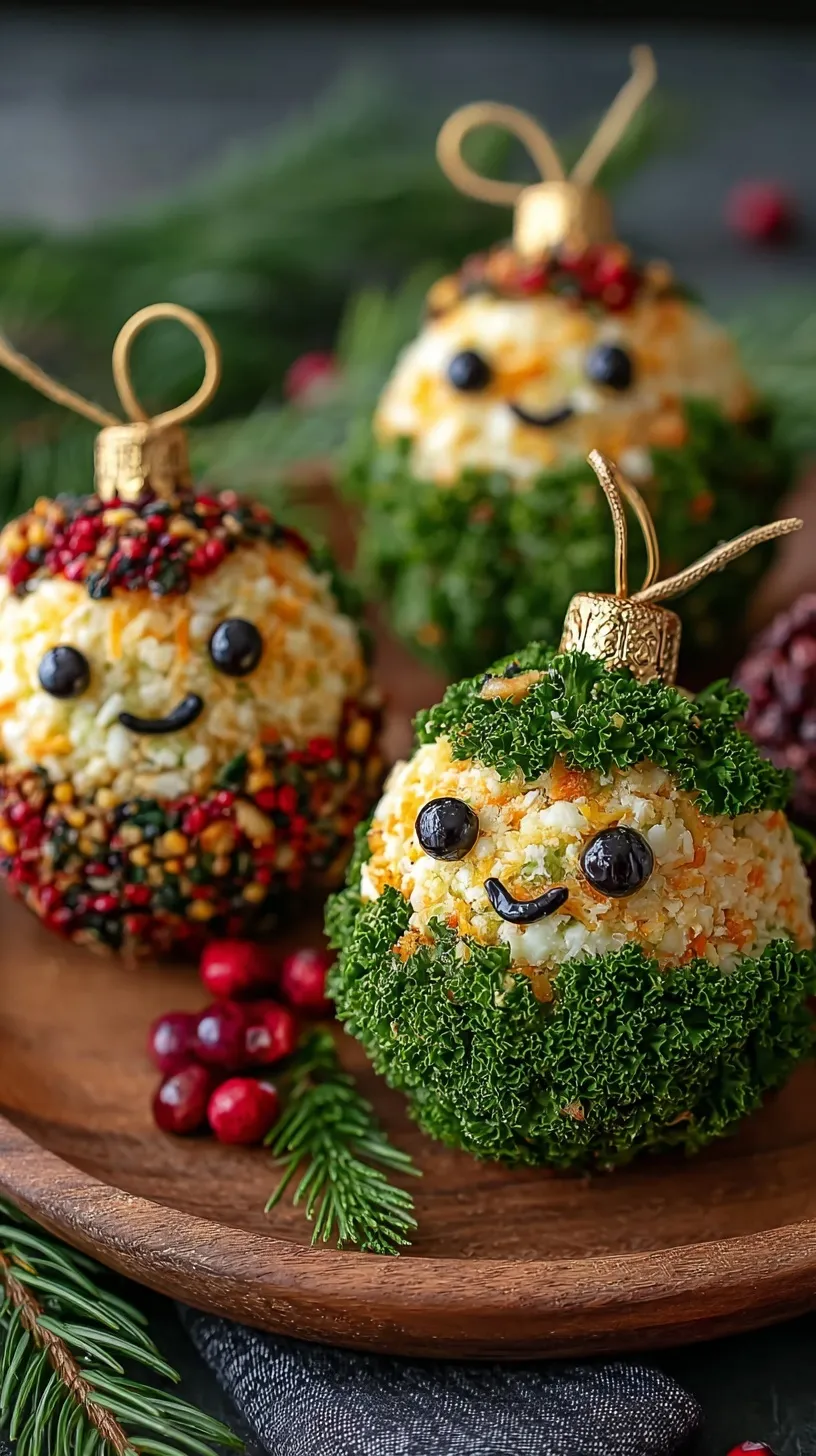 A platter of small cheese balls decorated like Christmas ornaments with parsley, pomegranate seeds, and pecans.