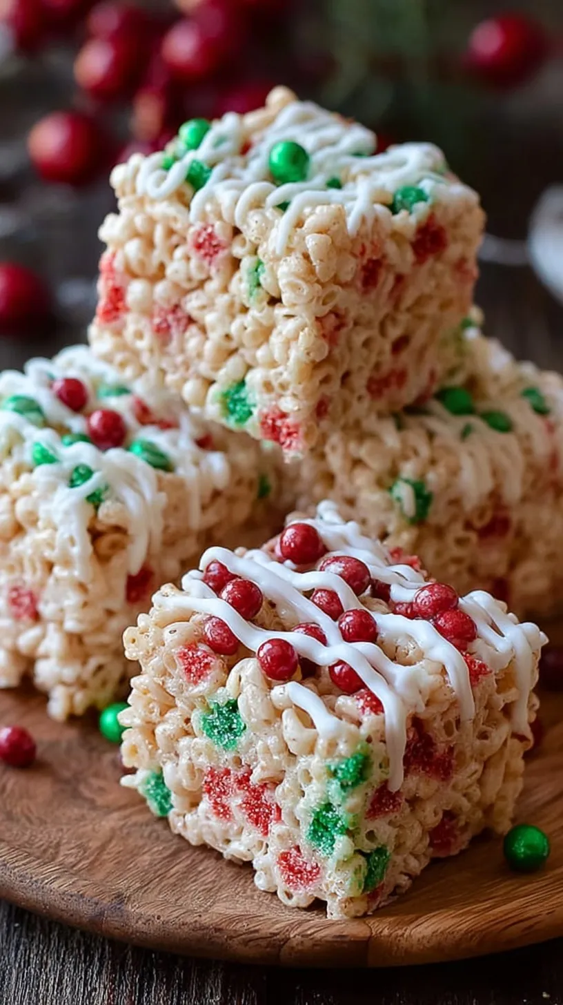 Festive Christmas Rice Crispy Treats with red and green candies and sprinkles in a white dish.