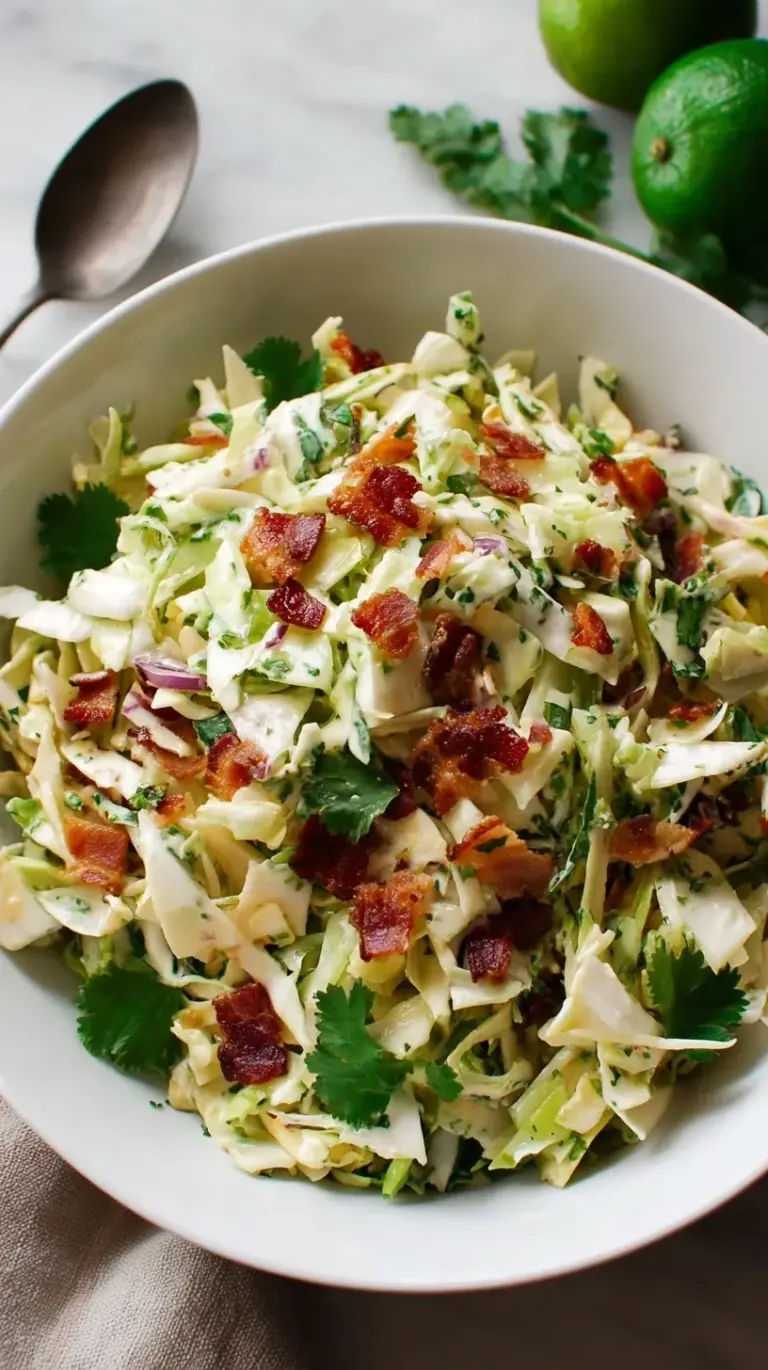 A bowl of colorful cilantro lime bacon coleslaw with green cabbage, red cabbage, and crispy bacon bits.