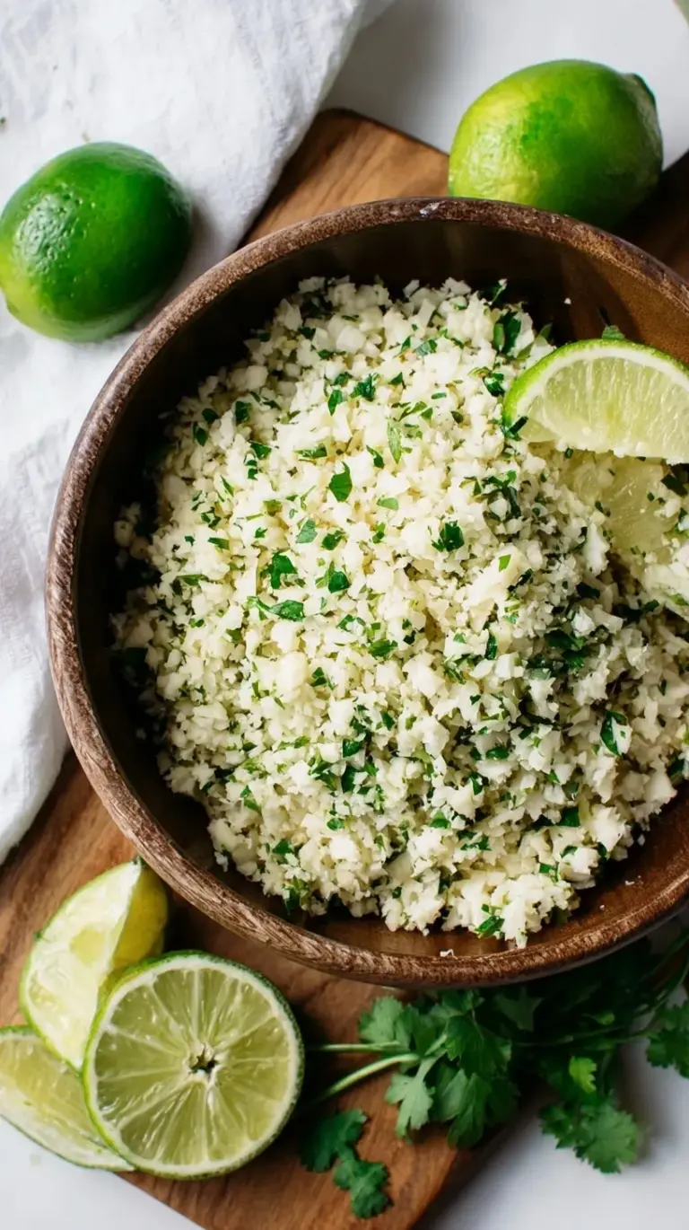 A bowl of fresh cilantro lime cauliflower rice topped with a lime wedge